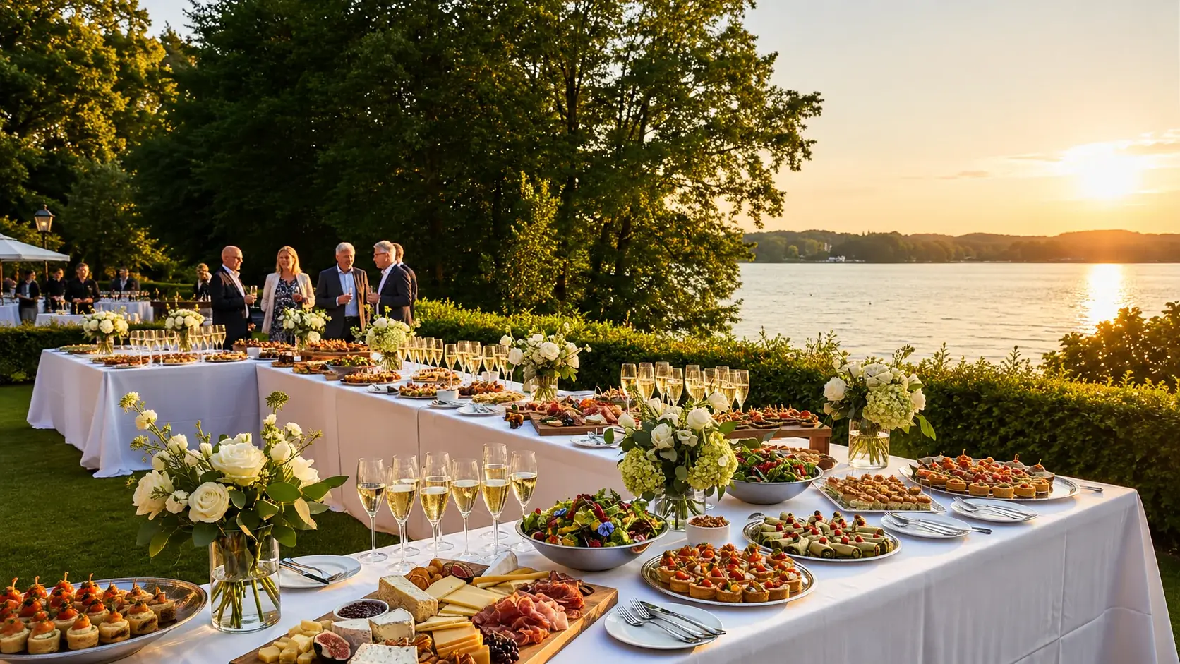 Festlich gedeckte Tafel an der Alster bei Abendsonne — Sektgläser, Kanapees und weiße Blumen